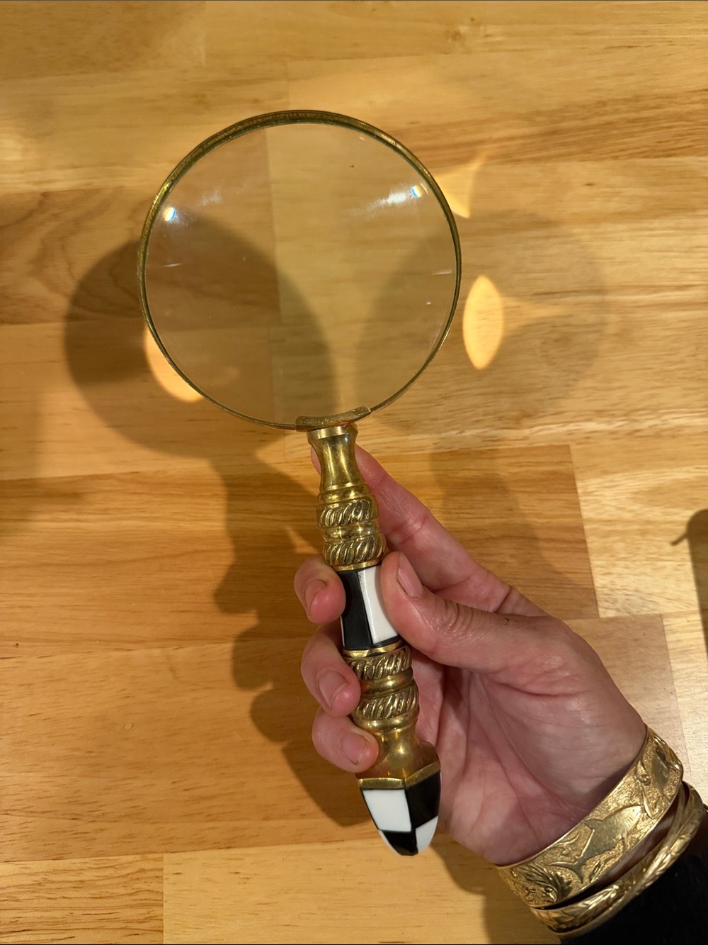 Brass and Enamel Decorative Handheld Magnifying Glass - Black & White Accents